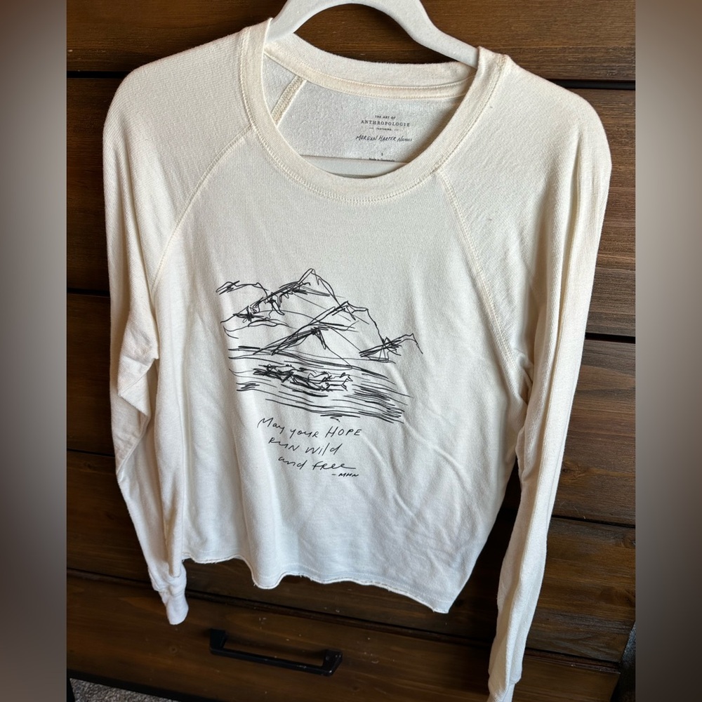 Anthropologie Cream Graphic Long Sleeve Top